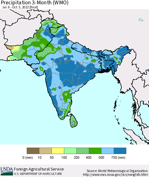 Southern Asia Precipitation 3-Month (WMO) Thematic Map For 7/6/2022 - 10/5/2022