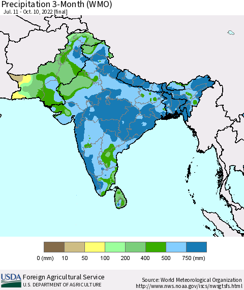 Southern Asia Precipitation 3-Month (WMO) Thematic Map For 7/11/2022 - 10/10/2022
