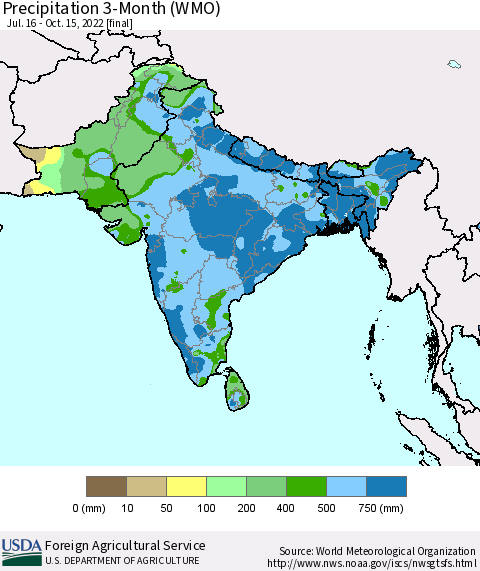 Southern Asia Precipitation 3-Month (WMO) Thematic Map For 7/16/2022 - 10/15/2022