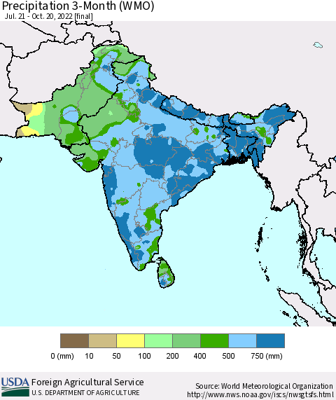 Southern Asia Precipitation 3-Month (WMO) Thematic Map For 7/21/2022 - 10/20/2022