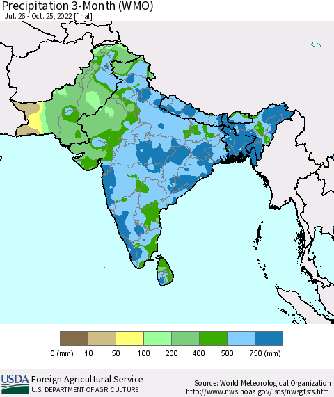 Southern Asia Precipitation 3-Month (WMO) Thematic Map For 7/26/2022 - 10/25/2022