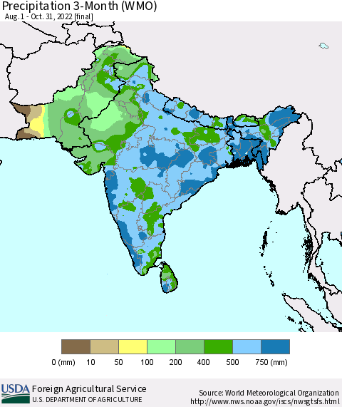 Southern Asia Precipitation 3-Month (WMO) Thematic Map For 8/1/2022 - 10/31/2022