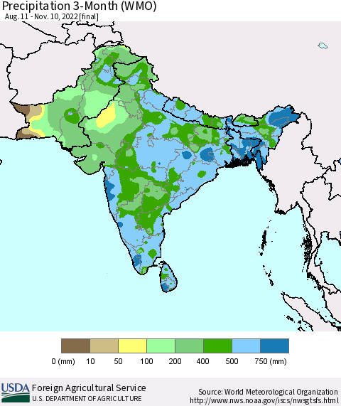 Southern Asia Precipitation 3-Month (WMO) Thematic Map For 8/11/2022 - 11/10/2022