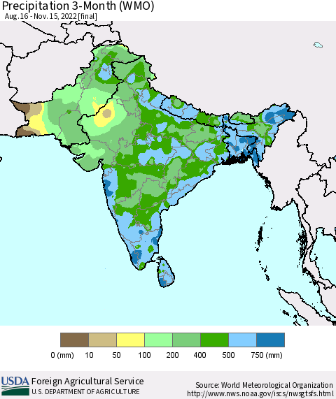 Southern Asia Precipitation 3-Month (WMO) Thematic Map For 8/16/2022 - 11/15/2022