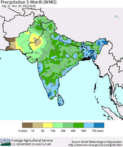 Southern Asia Precipitation 3-Month (WMO) Thematic Map For 8/21/2022 - 11/20/2022