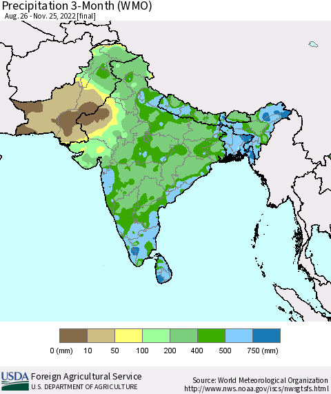 Southern Asia Precipitation 3-Month (WMO) Thematic Map For 8/26/2022 - 11/25/2022