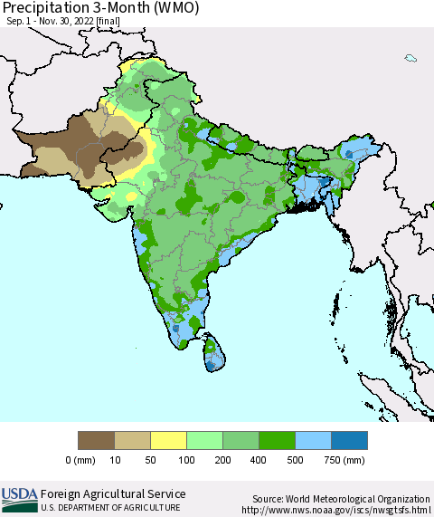 Southern Asia Precipitation 3-Month (WMO) Thematic Map For 9/1/2022 - 11/30/2022