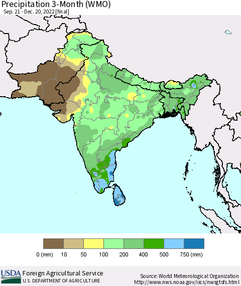 Southern Asia Precipitation 3-Month (WMO) Thematic Map For 9/21/2022 - 12/20/2022