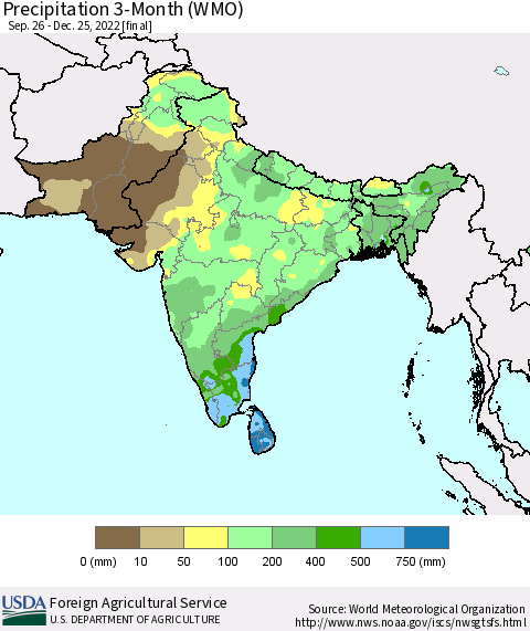 Southern Asia Precipitation 3-Month (WMO) Thematic Map For 9/26/2022 - 12/25/2022