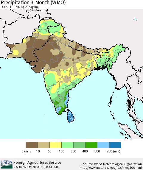 Southern Asia Precipitation 3-Month (WMO) Thematic Map For 10/11/2022 - 1/10/2023