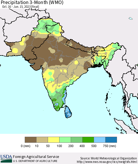 Southern Asia Precipitation 3-Month (WMO) Thematic Map For 10/16/2022 - 1/15/2023