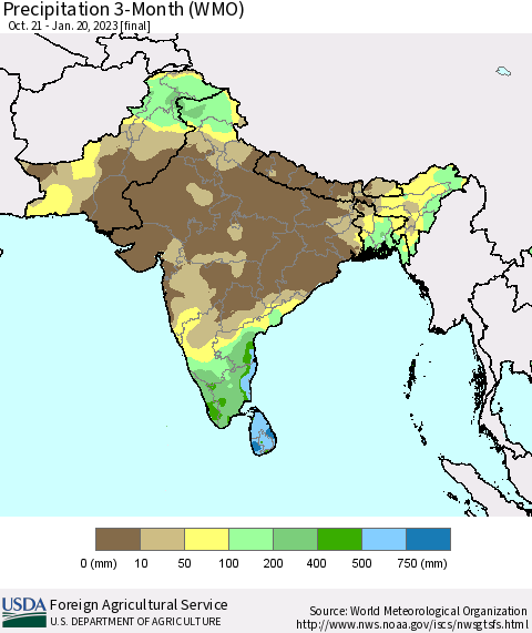 Southern Asia Precipitation 3-Month (WMO) Thematic Map For 10/21/2022 - 1/20/2023
