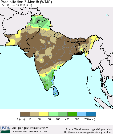 Southern Asia Precipitation 3-Month (WMO) Thematic Map For 10/26/2022 - 1/25/2023