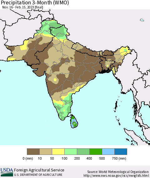 Southern Asia Precipitation 3-Month (WMO) Thematic Map For 11/16/2022 - 2/15/2023