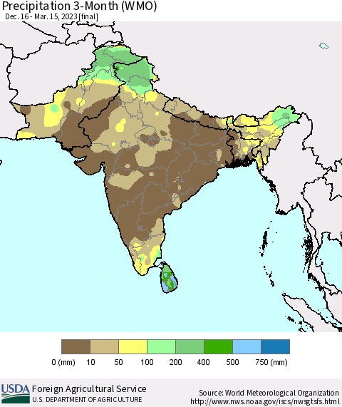 Southern Asia Precipitation 3-Month (WMO) Thematic Map For 12/16/2022 - 3/15/2023