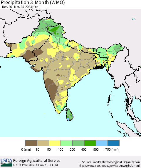 Southern Asia Precipitation 3-Month (WMO) Thematic Map For 12/26/2022 - 3/25/2023
