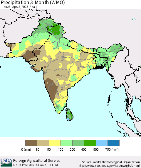 Southern Asia Precipitation 3-Month (WMO) Thematic Map For 1/6/2023 - 4/5/2023