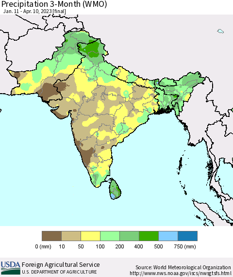 Southern Asia Precipitation 3-Month (WMO) Thematic Map For 1/11/2023 - 4/10/2023