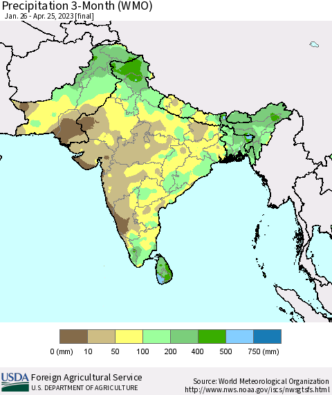 Southern Asia Precipitation 3-Month (WMO) Thematic Map For 1/26/2023 - 4/25/2023