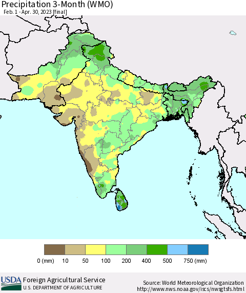 Southern Asia Precipitation 3-Month (WMO) Thematic Map For 2/1/2023 - 4/30/2023