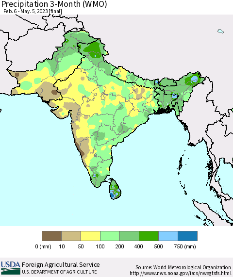 Southern Asia Precipitation 3-Month (WMO) Thematic Map For 2/6/2023 - 5/5/2023