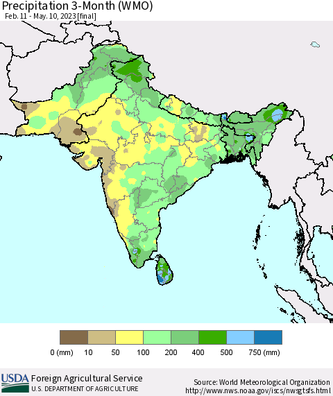Southern Asia Precipitation 3-Month (WMO) Thematic Map For 2/11/2023 - 5/10/2023