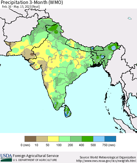 Southern Asia Precipitation 3-Month (WMO) Thematic Map For 2/16/2023 - 5/15/2023