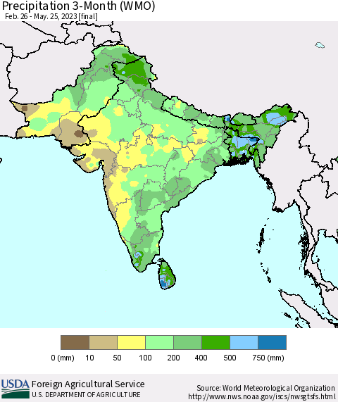 Southern Asia Precipitation 3-Month (WMO) Thematic Map For 2/26/2023 - 5/25/2023