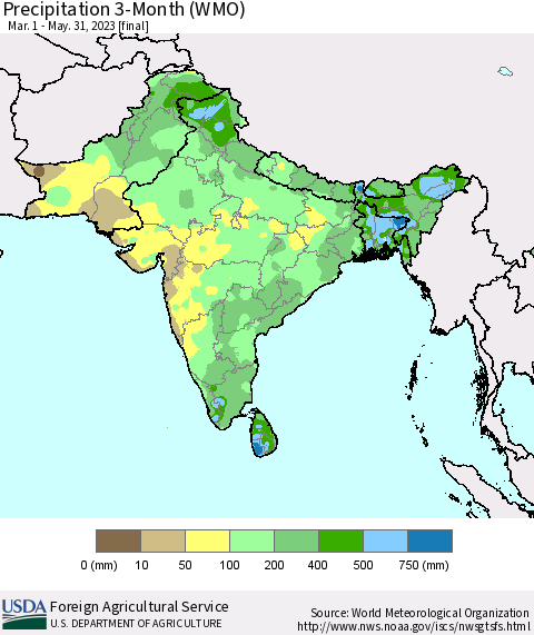 Southern Asia Precipitation 3-Month (WMO) Thematic Map For 3/1/2023 - 5/31/2023