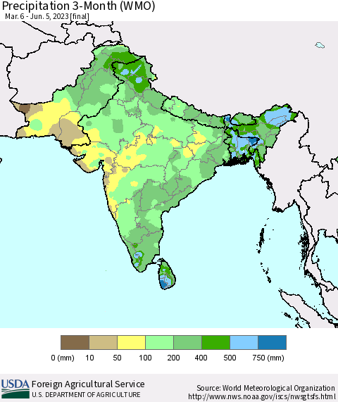Southern Asia Precipitation 3-Month (WMO) Thematic Map For 3/6/2023 - 6/5/2023