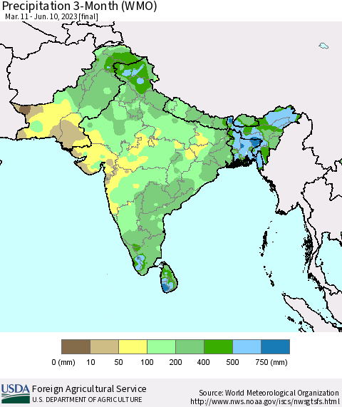 Southern Asia Precipitation 3-Month (WMO) Thematic Map For 3/11/2023 - 6/10/2023