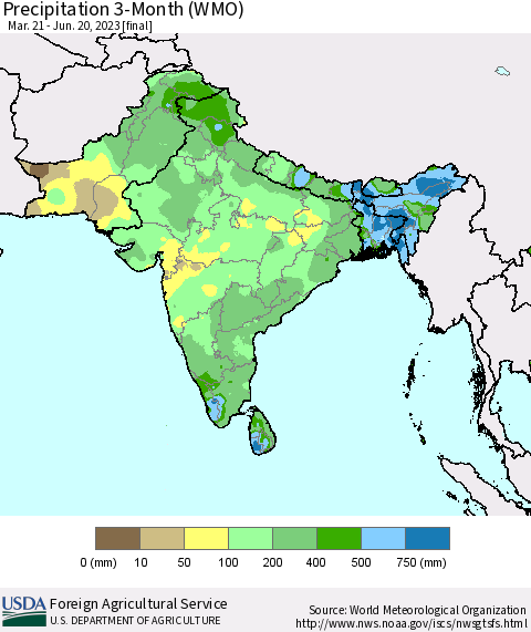 Southern Asia Precipitation 3-Month (WMO) Thematic Map For 3/21/2023 - 6/20/2023