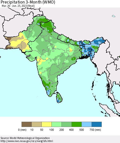 Southern Asia Precipitation 3-Month (WMO) Thematic Map For 3/26/2023 - 6/25/2023