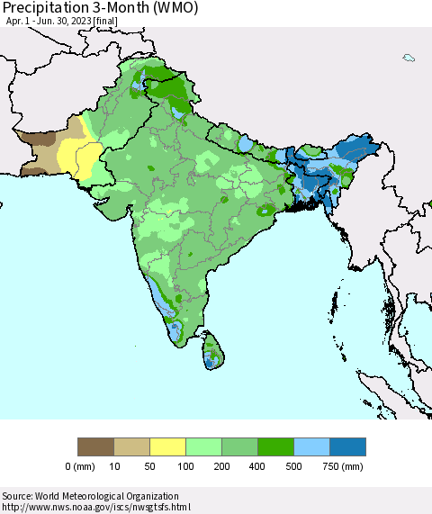 Southern Asia Precipitation 3-Month (WMO) Thematic Map For 4/1/2023 - 6/30/2023