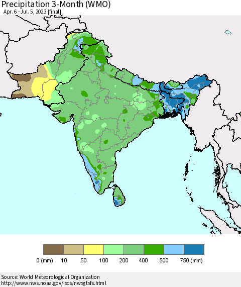 Southern Asia Precipitation 3-Month (WMO) Thematic Map For 4/6/2023 - 7/5/2023