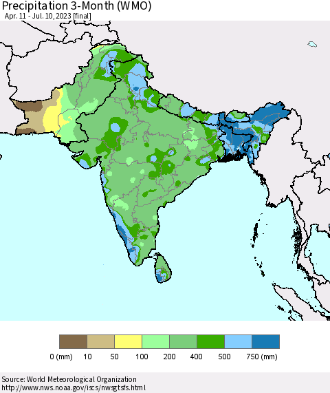 Southern Asia Precipitation 3-Month (WMO) Thematic Map For 4/11/2023 - 7/10/2023