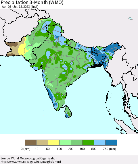 Southern Asia Precipitation 3-Month (WMO) Thematic Map For 4/16/2023 - 7/15/2023