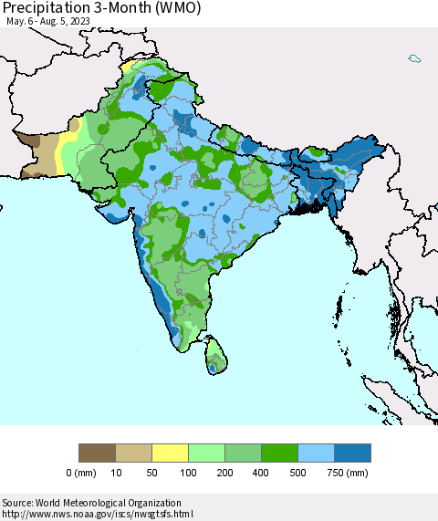 Southern Asia Precipitation 3-Month (WMO) Thematic Map For 5/6/2023 - 8/5/2023