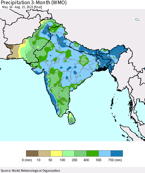 Southern Asia Precipitation 3-Month (WMO) Thematic Map For 5/16/2023 - 8/15/2023