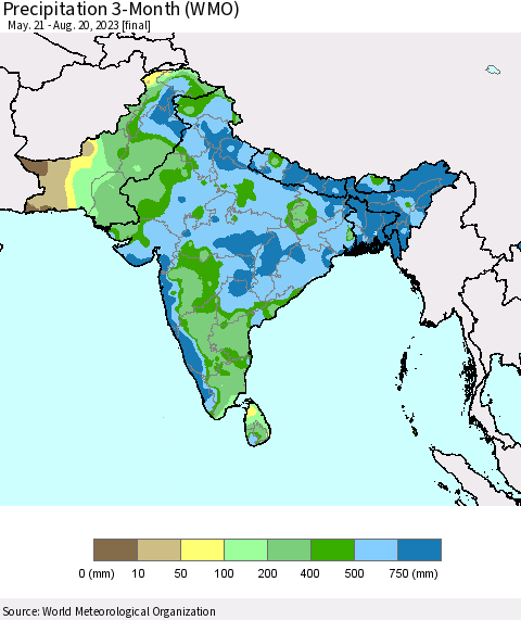 Southern Asia Precipitation 3-Month (WMO) Thematic Map For 5/21/2023 - 8/20/2023