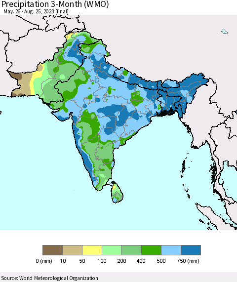 Southern Asia Precipitation 3-Month (WMO) Thematic Map For 5/26/2023 - 8/25/2023
