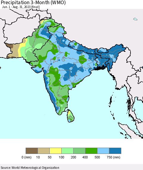 Southern Asia Precipitation 3-Month (WMO) Thematic Map For 6/1/2023 - 8/31/2023