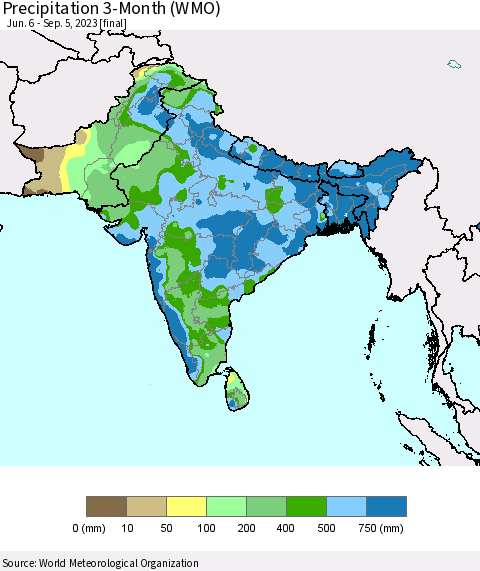 Southern Asia Precipitation 3-Month (WMO) Thematic Map For 6/6/2023 - 9/5/2023