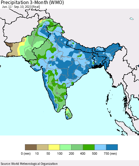 Southern Asia Precipitation 3-Month (WMO) Thematic Map For 6/11/2023 - 9/10/2023