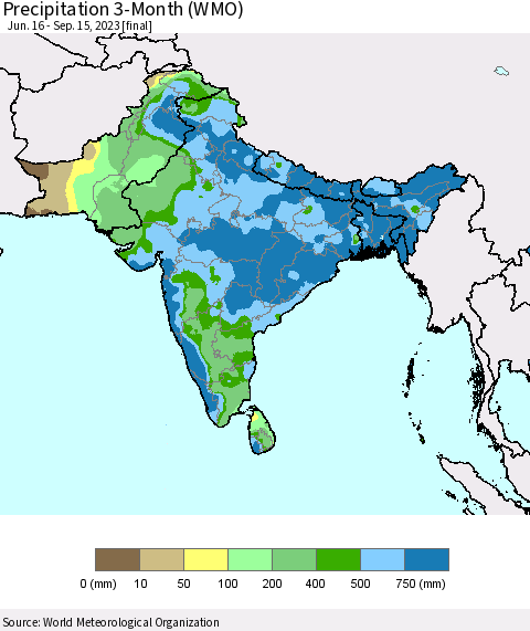 Southern Asia Precipitation 3-Month (WMO) Thematic Map For 6/16/2023 - 9/15/2023