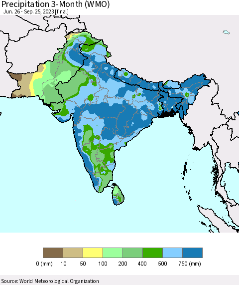Southern Asia Precipitation 3-Month (WMO) Thematic Map For 6/26/2023 - 9/25/2023