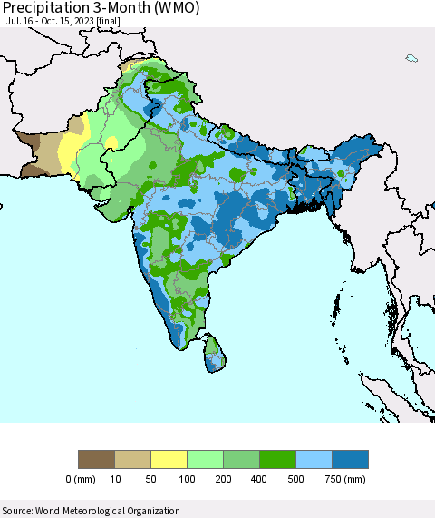 Southern Asia Precipitation 3-Month (WMO) Thematic Map For 7/16/2023 - 10/15/2023