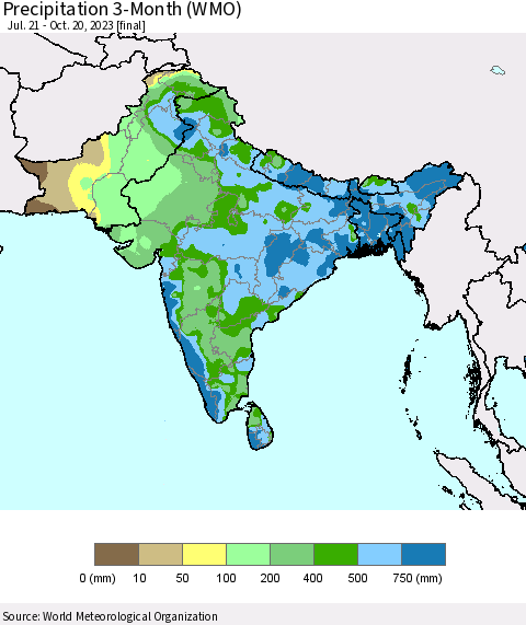 Southern Asia Precipitation 3-Month (WMO) Thematic Map For 7/21/2023 - 10/20/2023