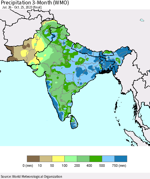 Southern Asia Precipitation 3-Month (WMO) Thematic Map For 7/26/2023 - 10/25/2023