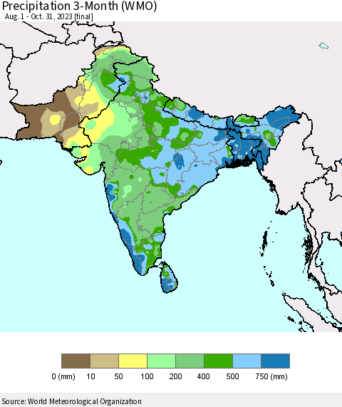 Southern Asia Precipitation 3-Month (WMO) Thematic Map For 8/1/2023 - 10/31/2023